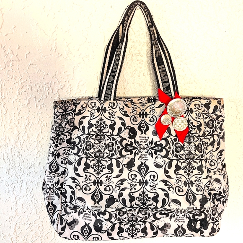 Harajuku Lovers Large Black And White Graphic Tote Bag With Pins Y2K Vintage